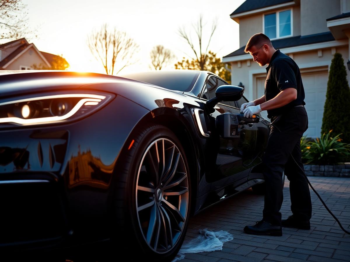 Elite detailer polishing a luxury car in a driveway